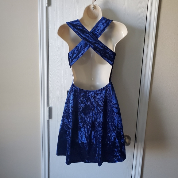 Lulu's Blue Backless Velvet Skater Dress - Picture 3 of 5